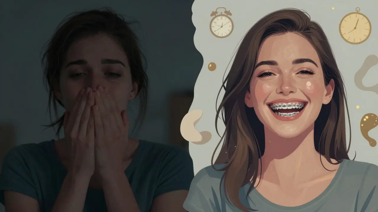 Před a po transformaci úsměvu: z obavy k sebevědomí s průhlednými rovnátky.