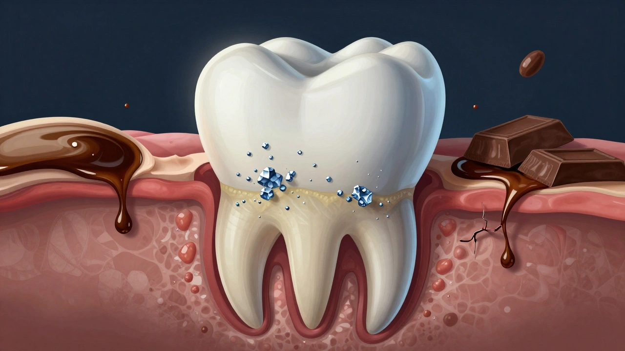 Příčný řez zubem s chemickými krystaly tetracyklinu a barvivy z potravin pronikajícími do poškozené skloviny.
