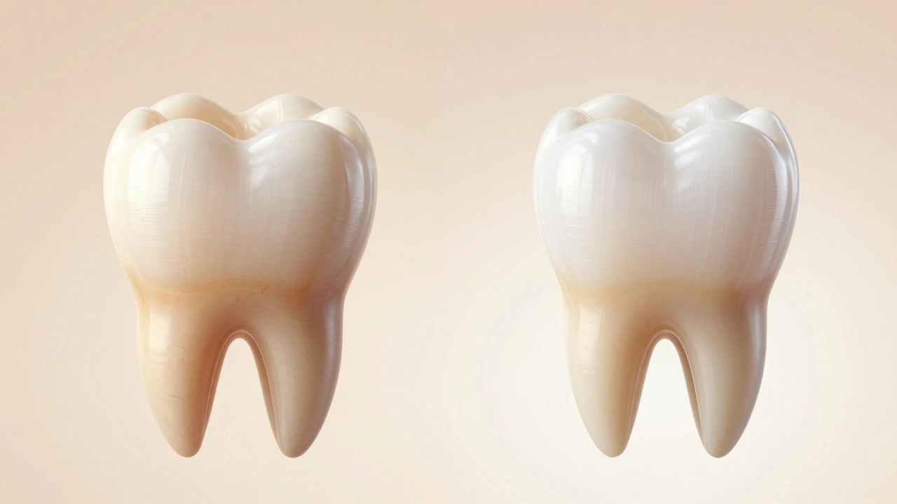 Přirozený zub před a po aplikaci keramického veneers, s výrazným zlepšením barvy a struktury.