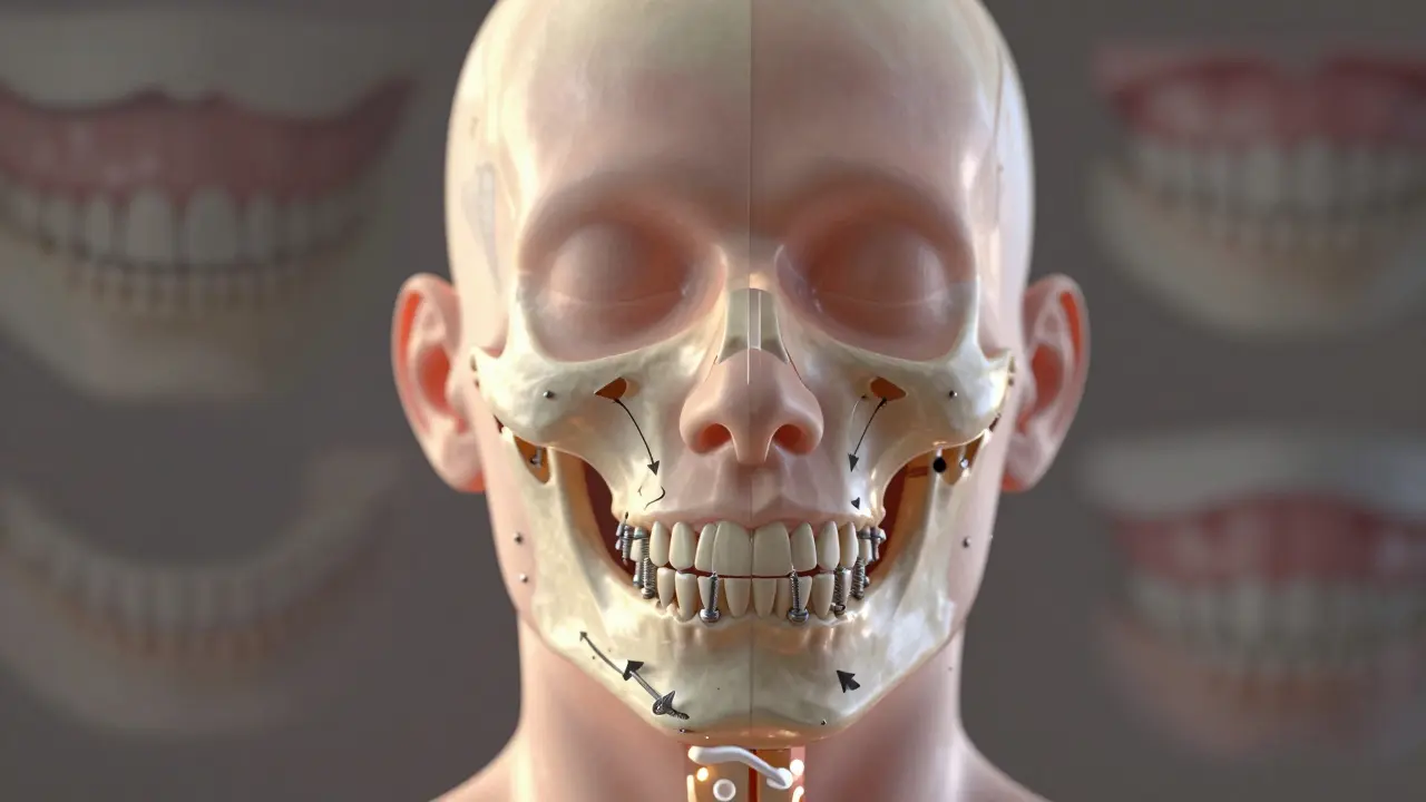 Průhledný 3D model obličeje s přesunutými čelistmi a kovovými šroubky, vědecká ilustrace s teplým osvětlením.