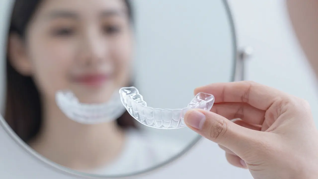 Průhledný retentor v ruce s jemným odrazem rovných zubů v zrcadle.