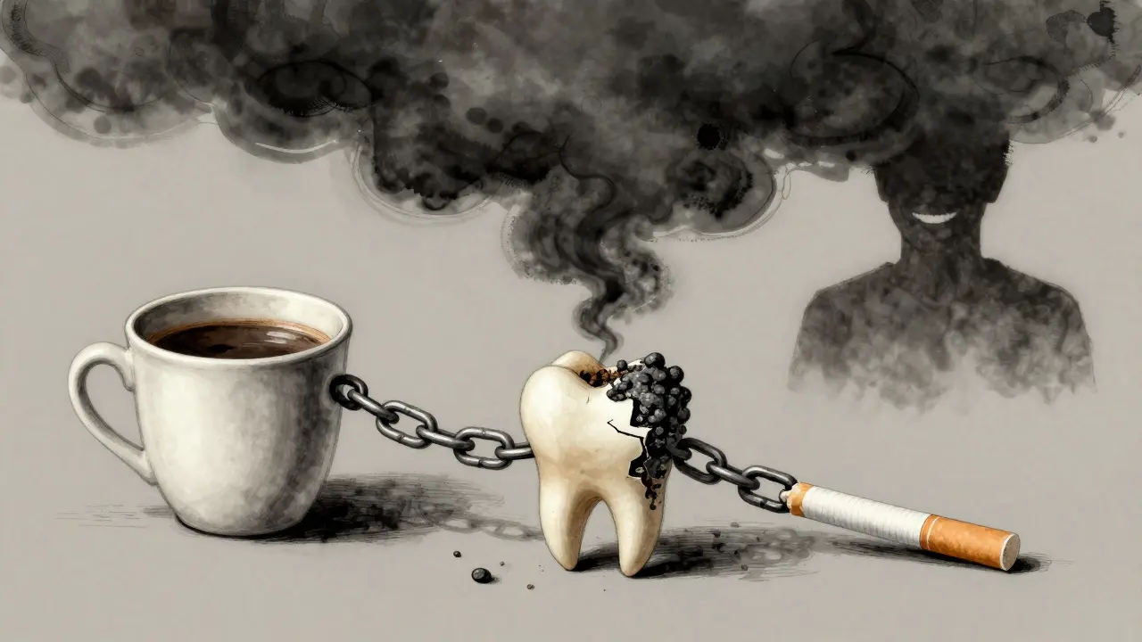 Řetěz spojující kávu, cigaretu a zub, který je pokryt černým kamenem.