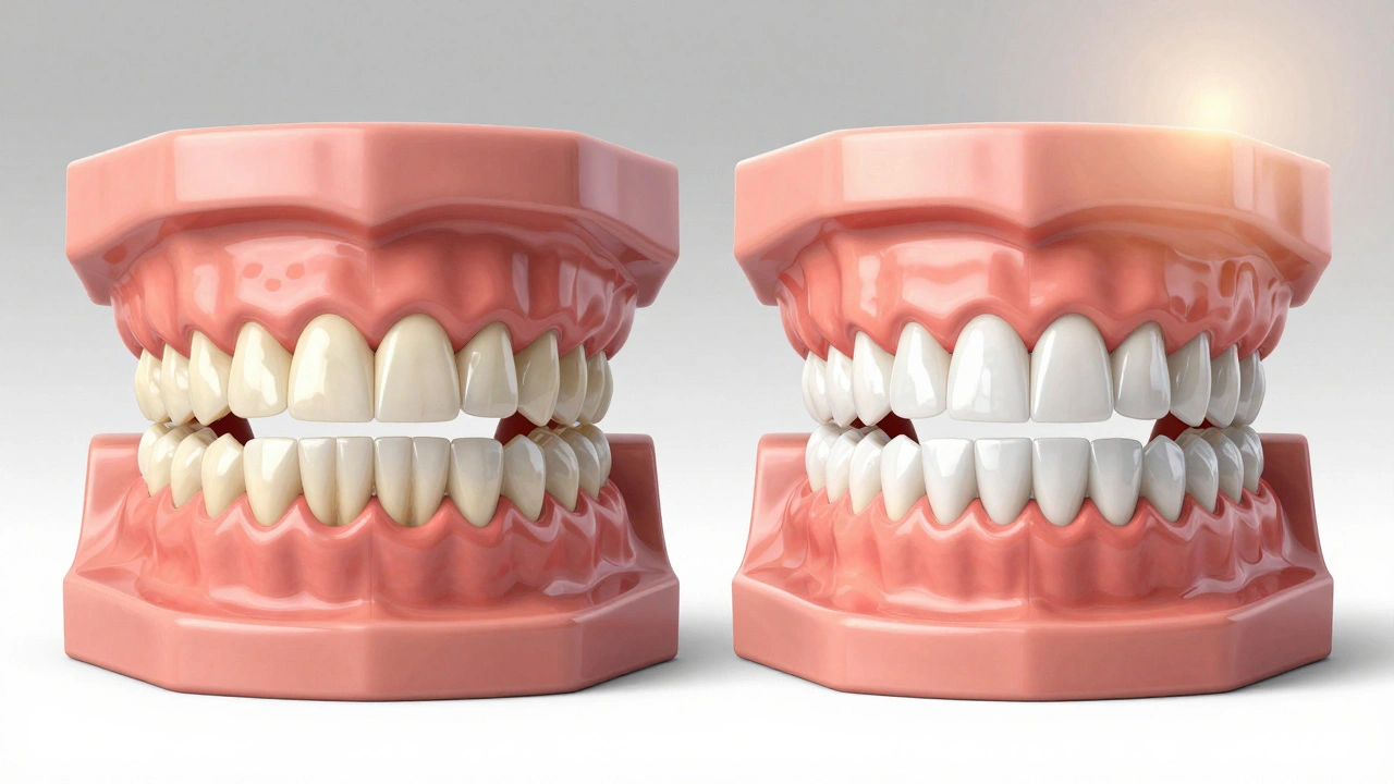 Side-by-side comparison of damaged teeth and perfect veneers under focused lighting.