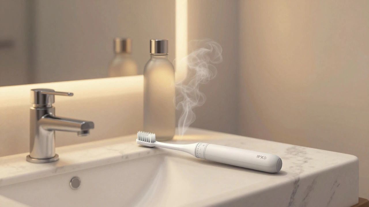 Sonický kartáček na koupelnové mýdlnici v Bangkokě bez cizích kartáčků.