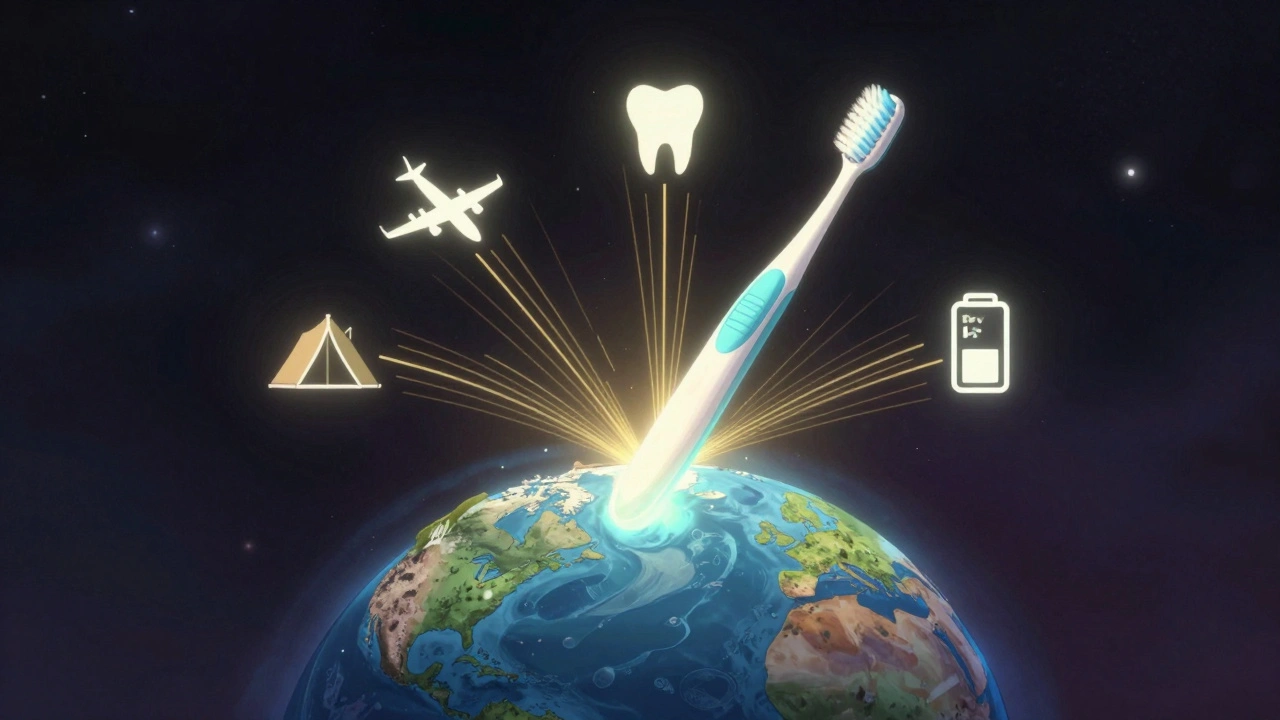 Sonický kartáček s vlnami energie přes svět, symbolizující spolehlivost při cestování.
