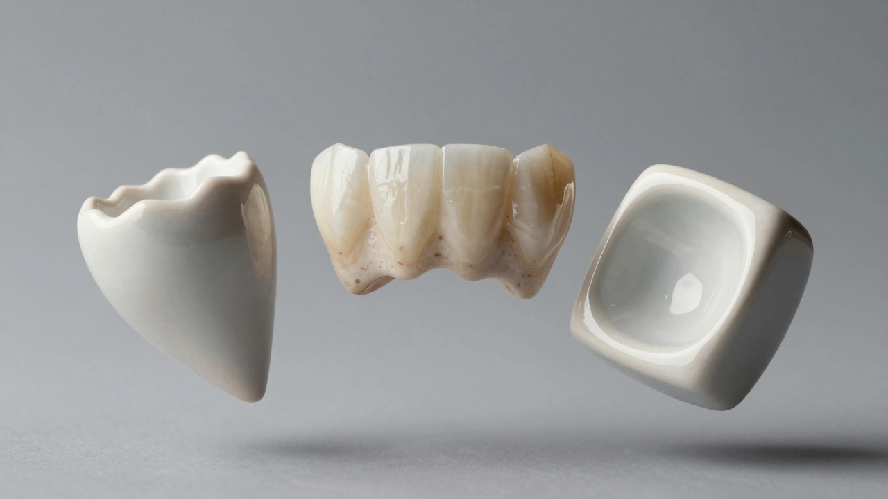 Tři keramické fazety v letu s různými tvary a texturami, včetně přirozených nepravidelností.