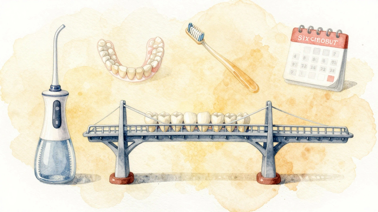 Udržovaný zubní můstek s ikonami péče: flosser, noční štít a kalendář kontrol.