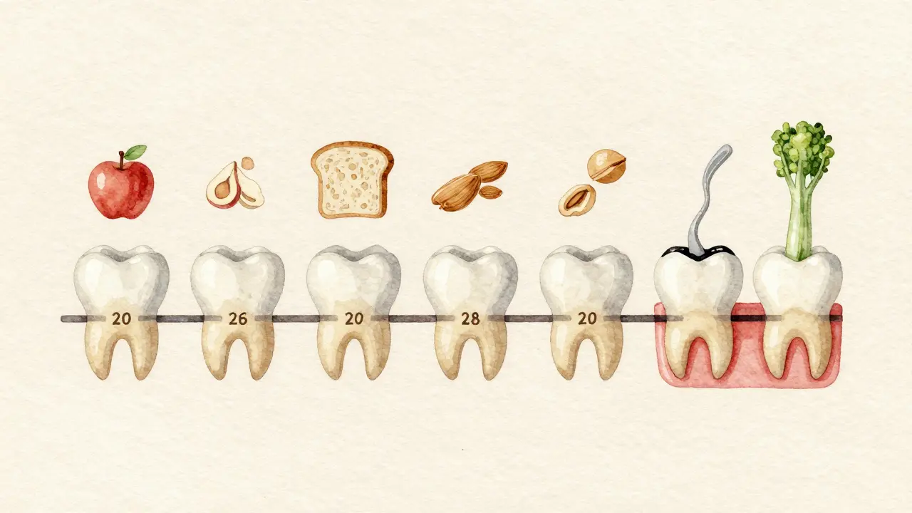Vodovábarvová ilustrace přechodu mléčných zubů na trvalé a třetí moláry s potravinami.