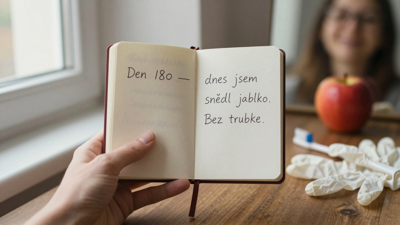 Zápisek z 180. dne po operaci: &#039;Dnes jsem snědl jablko. Bez trubky.&#039; s toothbrushem a zbytky rukavic.