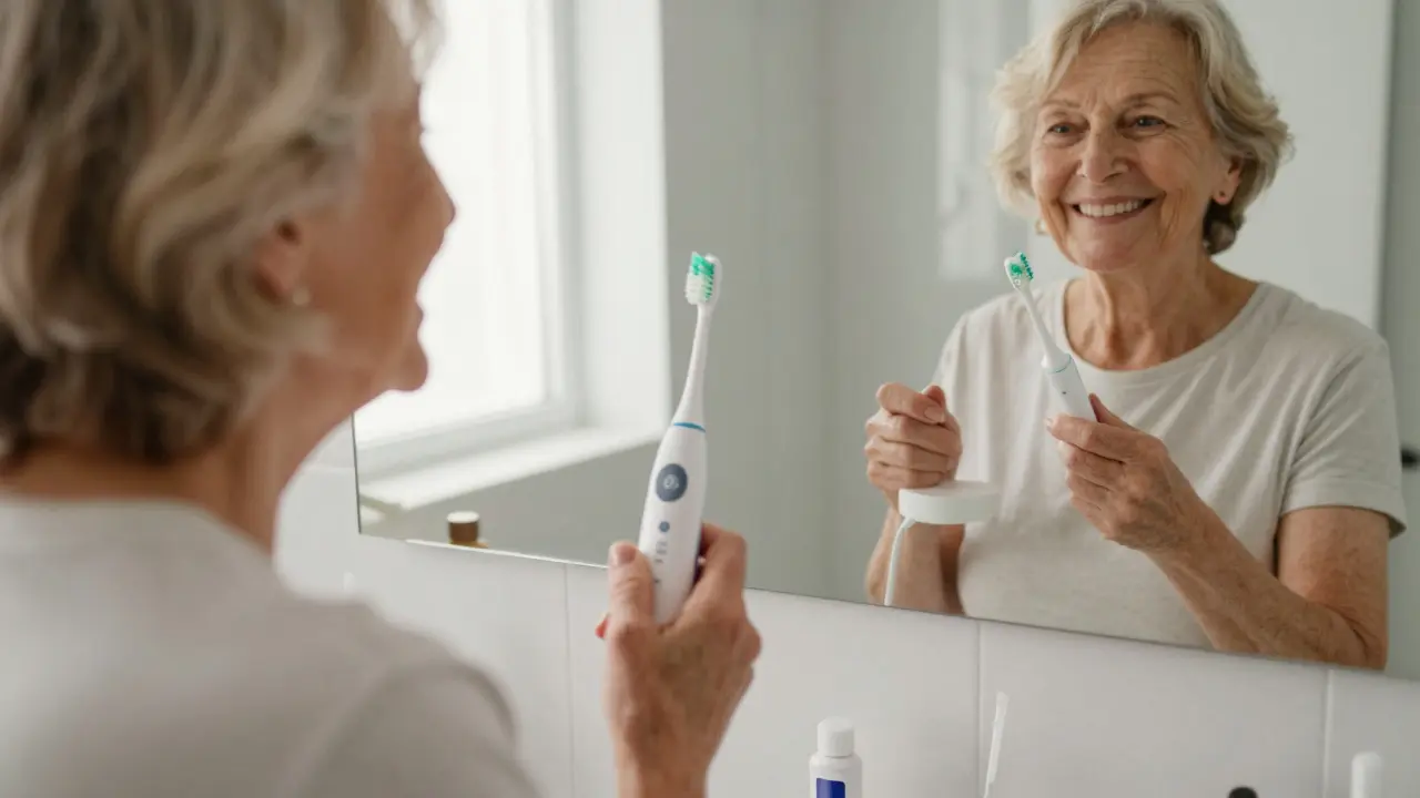 Žena používá sonický kartáček Curaprox s automatickým časovačem, jehož dásně už nekrvácí a úsměv je zdravý.