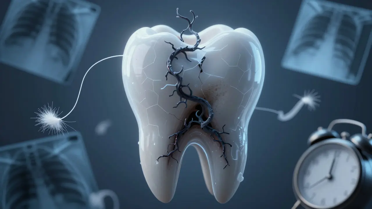 Zub s vnitřním tmavým růstem symbolizujícím skrytý kaz, obklopený zubní nití a rentgenem.