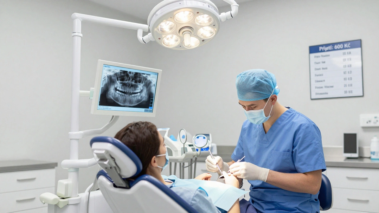 Zubař provádí nouzový zákrok v klinice s rentgenovým snímkem na obrazovce.