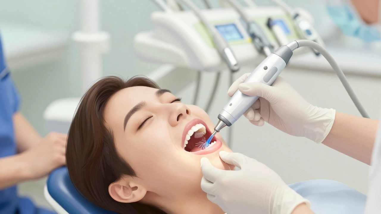 Zubní hygienička odstraňuje kámen ultrazvukovým přístrojem