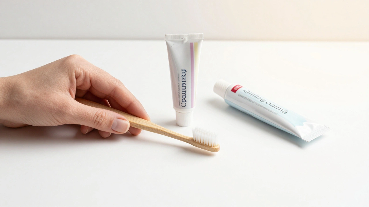 Zubní kartáček, pasta s baking sodou a mezizubní kartáčky na bílém pozadí