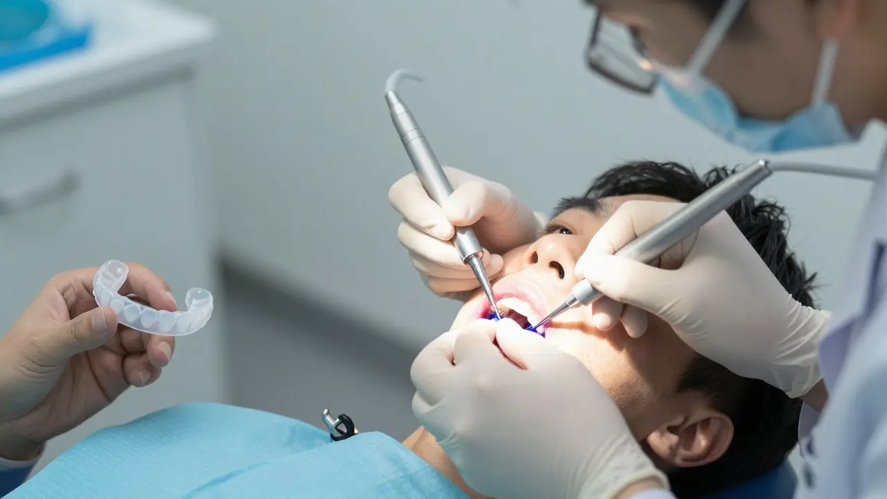 Zubní lékař diagnostikuje prasklinu pomocí speciálního světla a barvy.