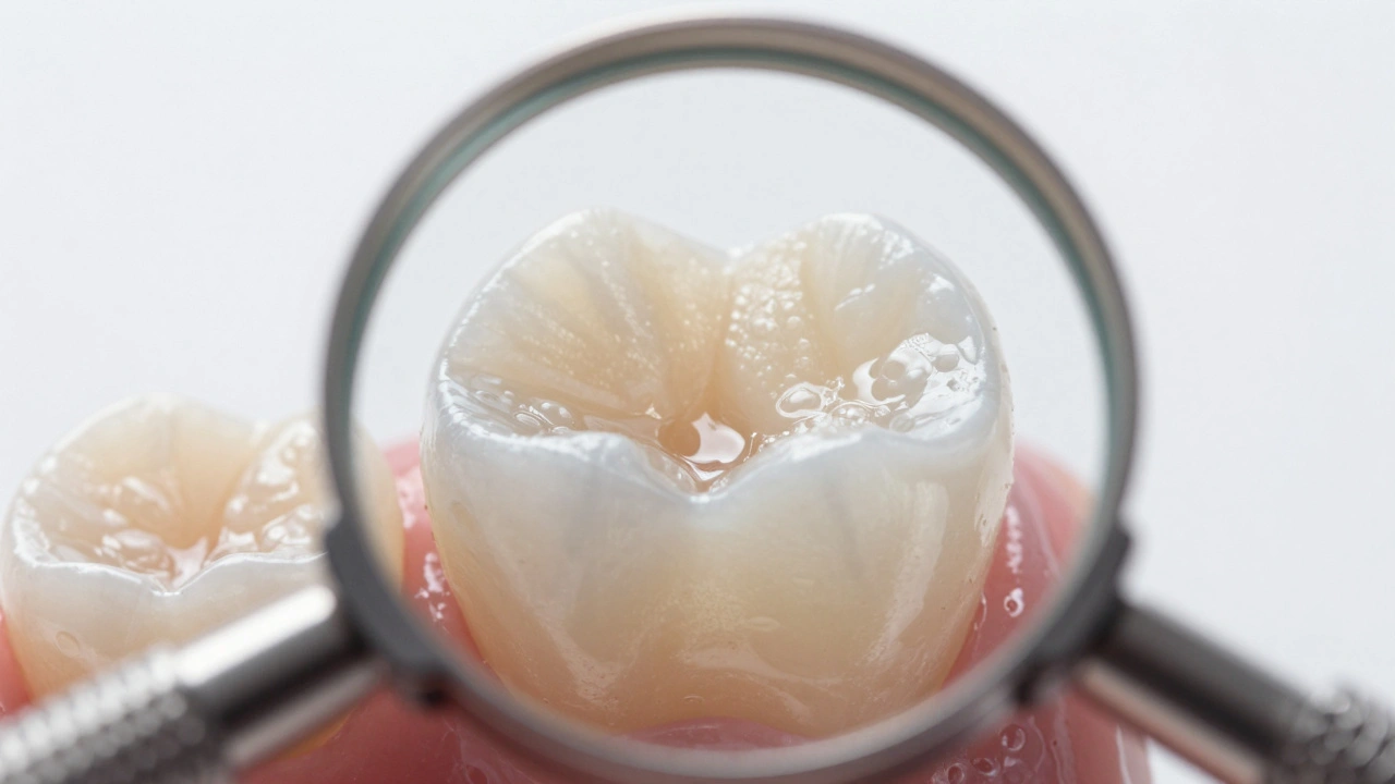 Zvětšený pohled na tenkou keramickou veneeru na zubě s přirozeným leskem.