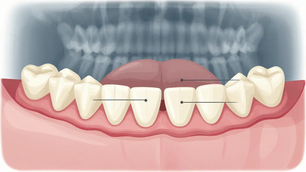 Anatomický náčrt čelisti ukazující, jak jazyková příčka tlačí řezáky od sebe.