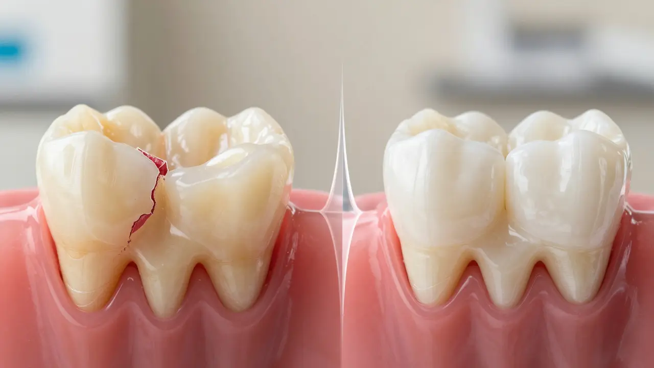 Contrast between damaged teeth with tartar and healthy teeth after ultrasonic cleaning.