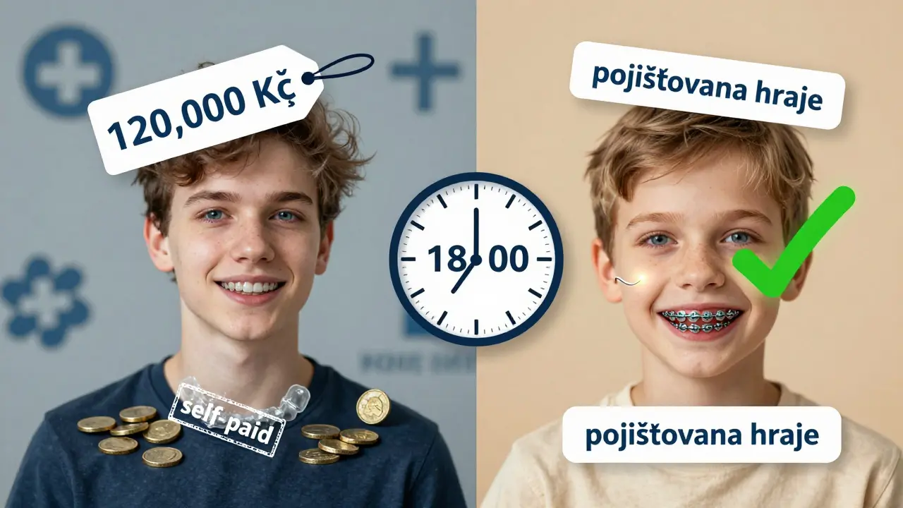 Dělený obraz: dítě s hrazenými rovnátky vs. teenager s vlastními transparentními rovnátky.