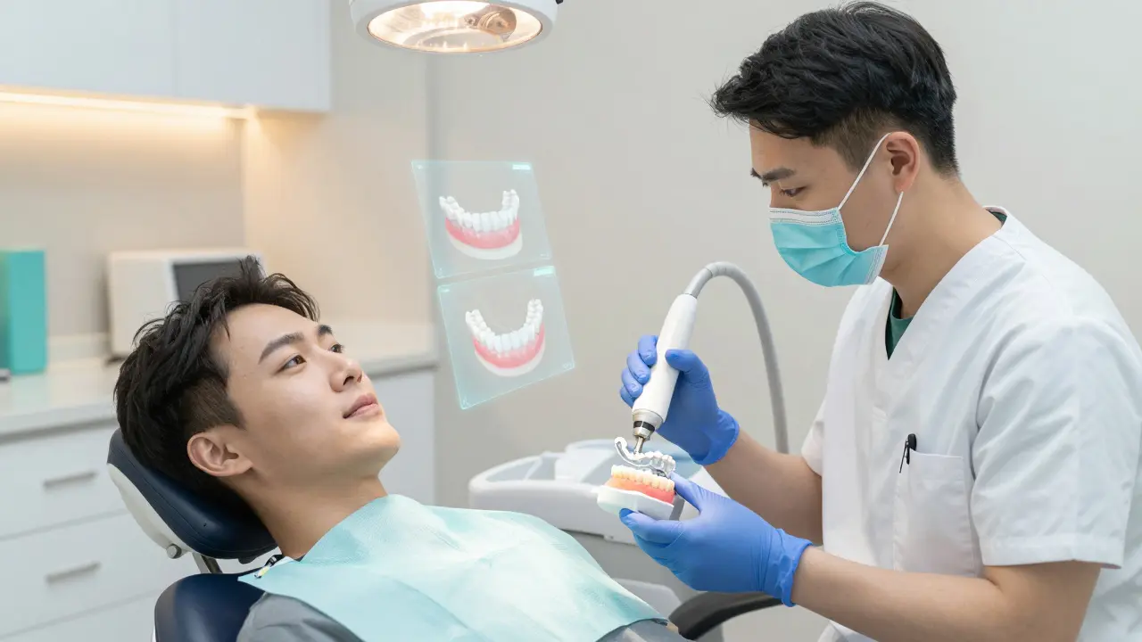 Dentista skenuje zuby pacienta pomocí 3D technologie v klinice.