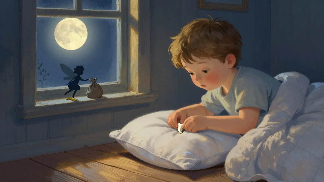 Dítě položilo vypadlý zub pod polštář, měsíční světlo osvětluje pokoj.