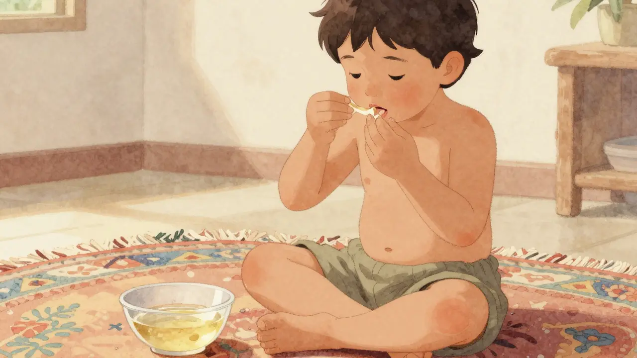 Dítě provádí olejové čištění s kokosovým olejem, sedí na koberci a jemně pohybuje ústy.