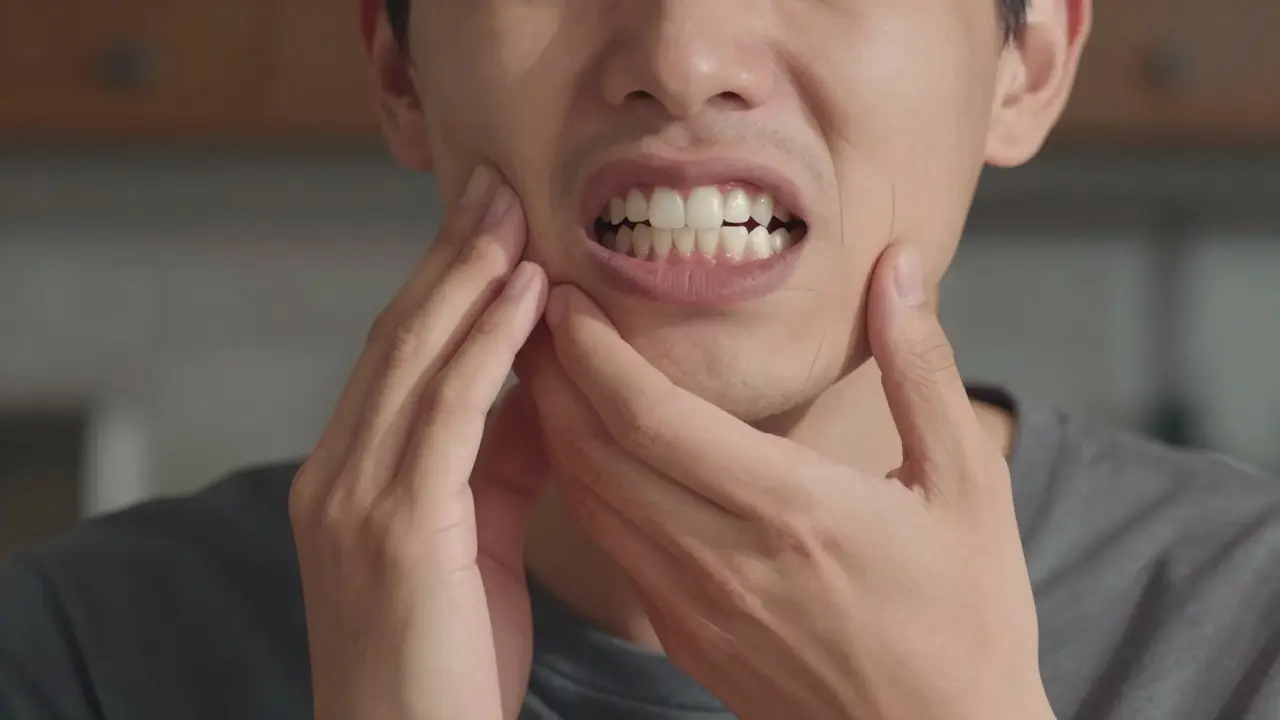 Dospělý drží čelist při jídle, viditelně nesprávné sevření zubů.