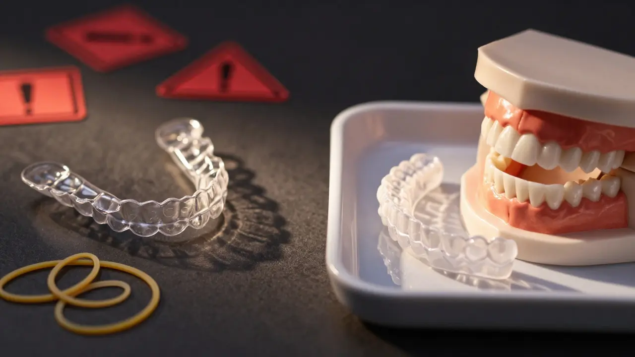 Dvě cesty: nebezpečné domácí řešení vs. profesionální ortodontická léčba.