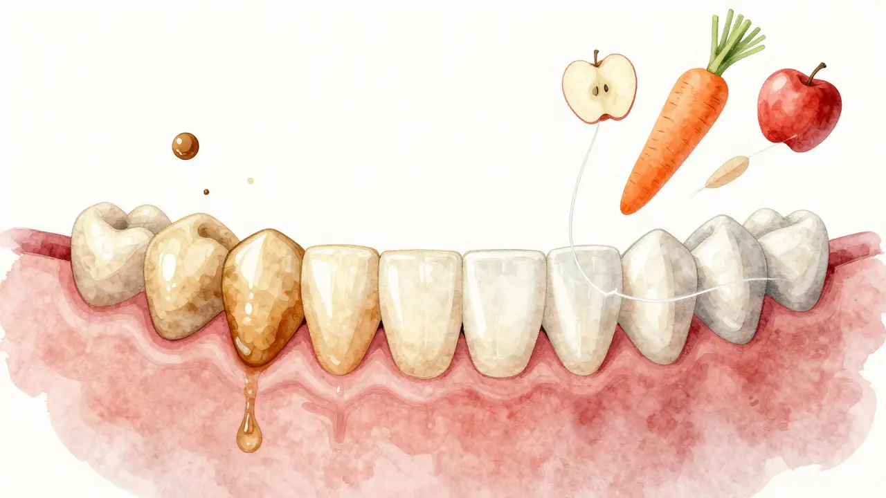 Dvě verze zubů: žluté vs. přirozeně jasné, s symboly přirozené péče – jablko, mrkev, nitě.