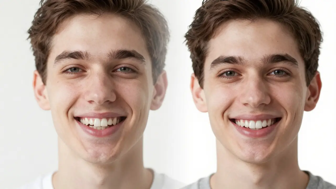 Dvojitý portrét: před a po ortodontické léčbě s neviditelnými rovnátky.