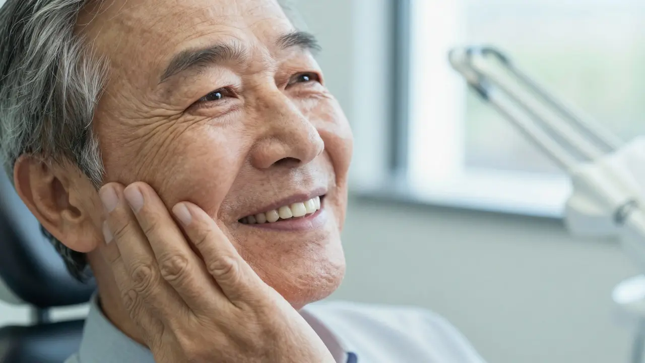 Elderly patient smiling after receiving a dental implant with natural-looking tooth.