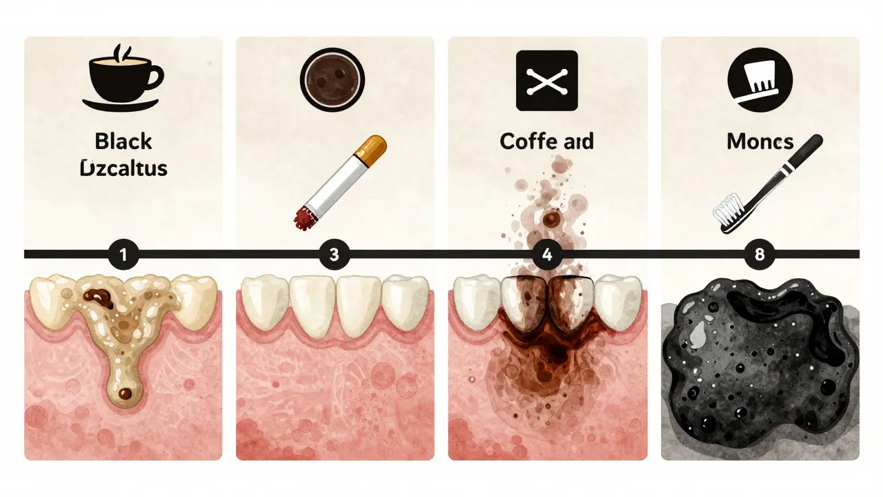 Ilustrace postupného vzniku černého zubního kamene z plaku abarveného kávou a tabákem.