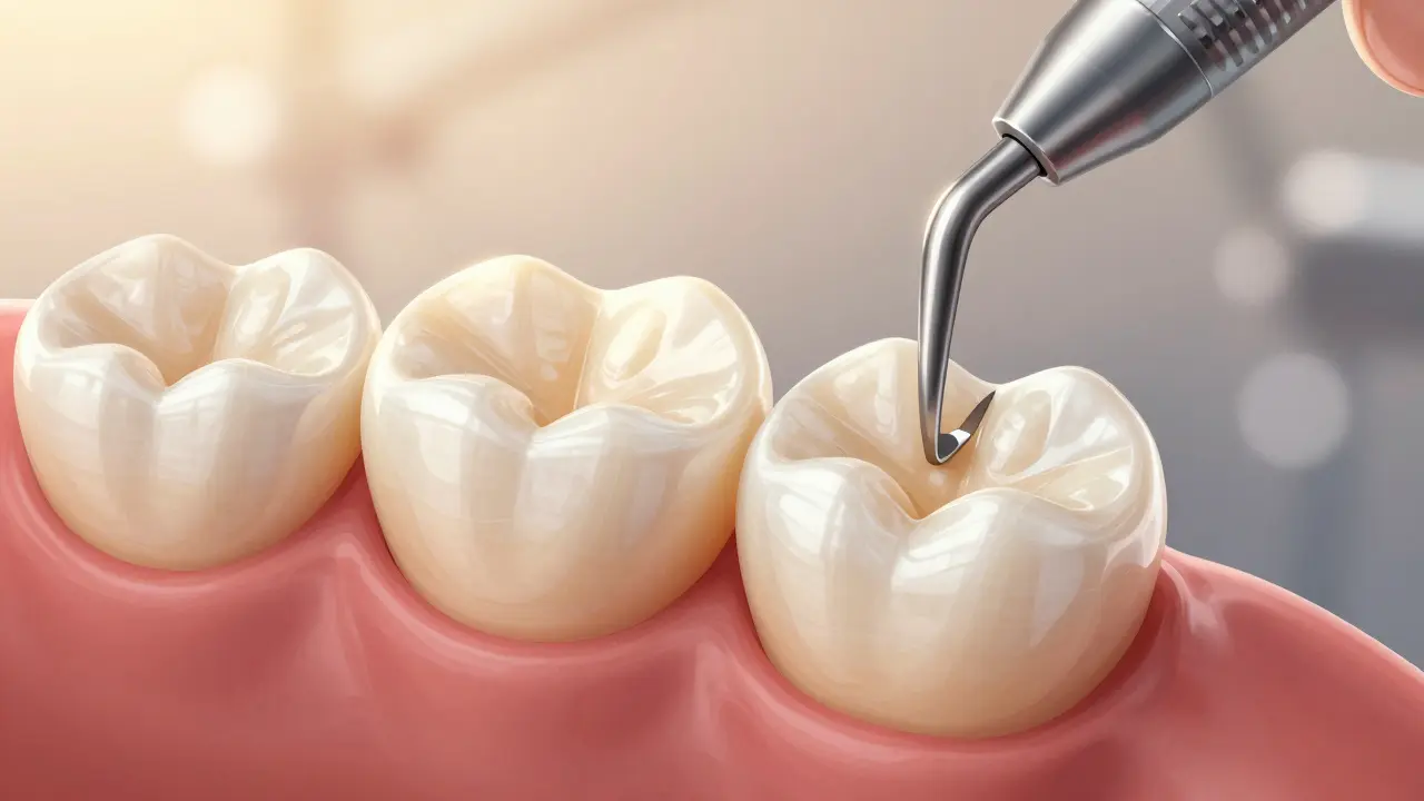 Microscopic view of ceramic veneer being placed on tooth with enamel layer being removed.
