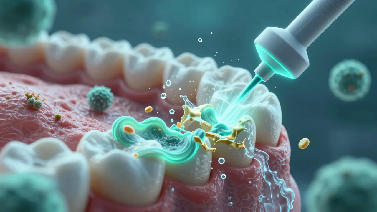 Microscopic view of ultrasonic vibrations breaking down plaque and bacteria on tooth surfaces.