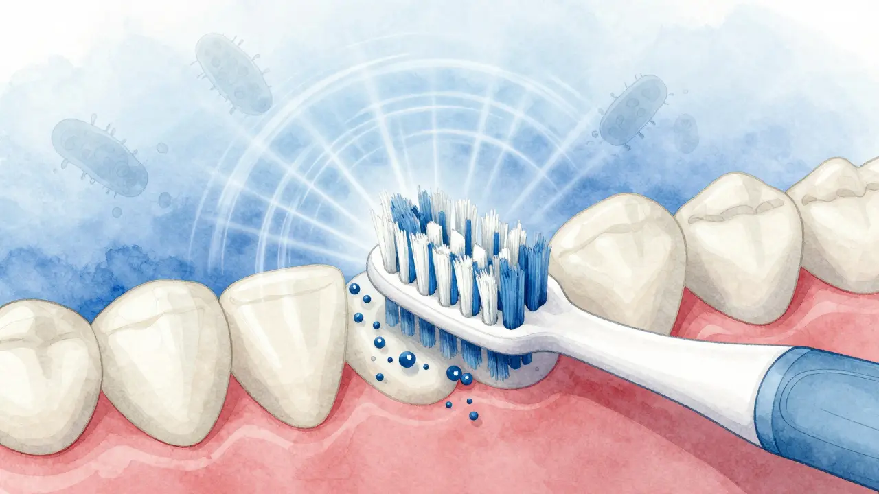 Mikroskopické akustické vlny rozkládají plak mezi zuby a pod dásněmi.