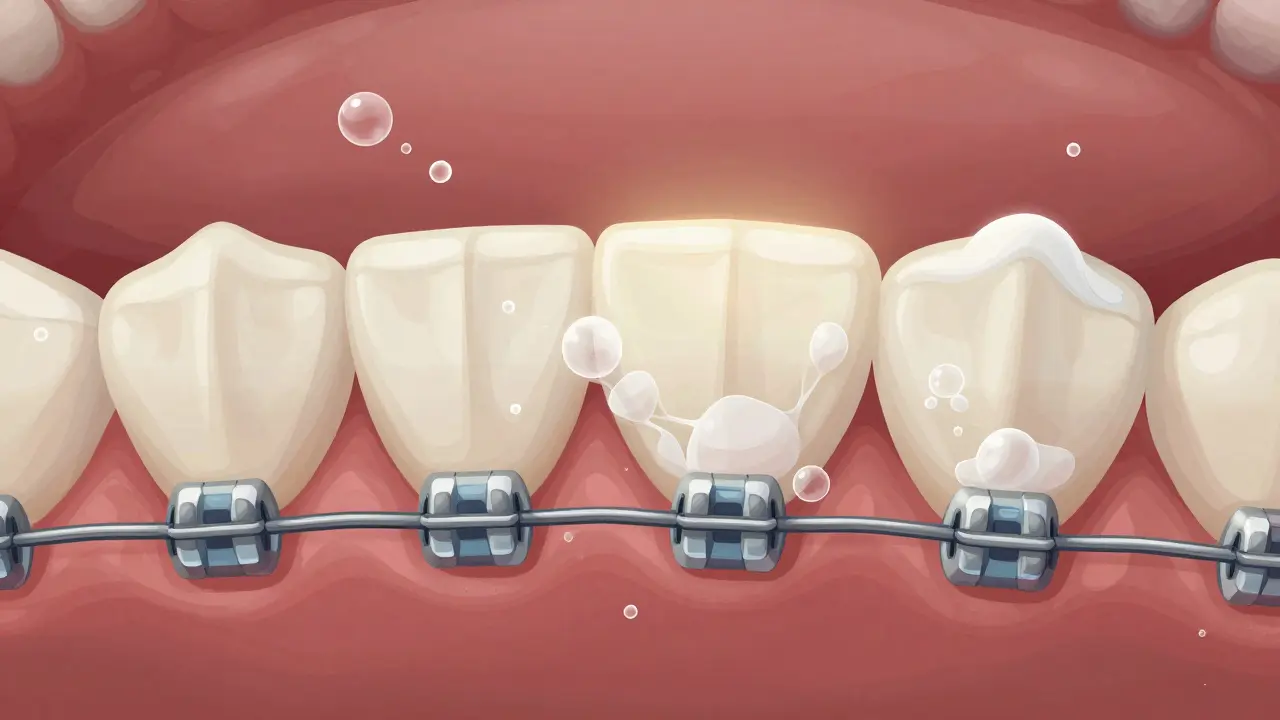 Mikroskopický pohled na kyselinu ničící sklovinku kolem rovnátek s zbytky cukru.