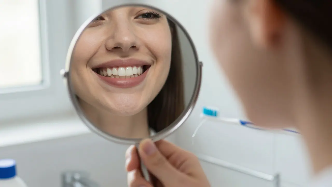 Osoba se dívá do zrcadla a ukazuje dokonalý úsměv s fazetami na zubech.