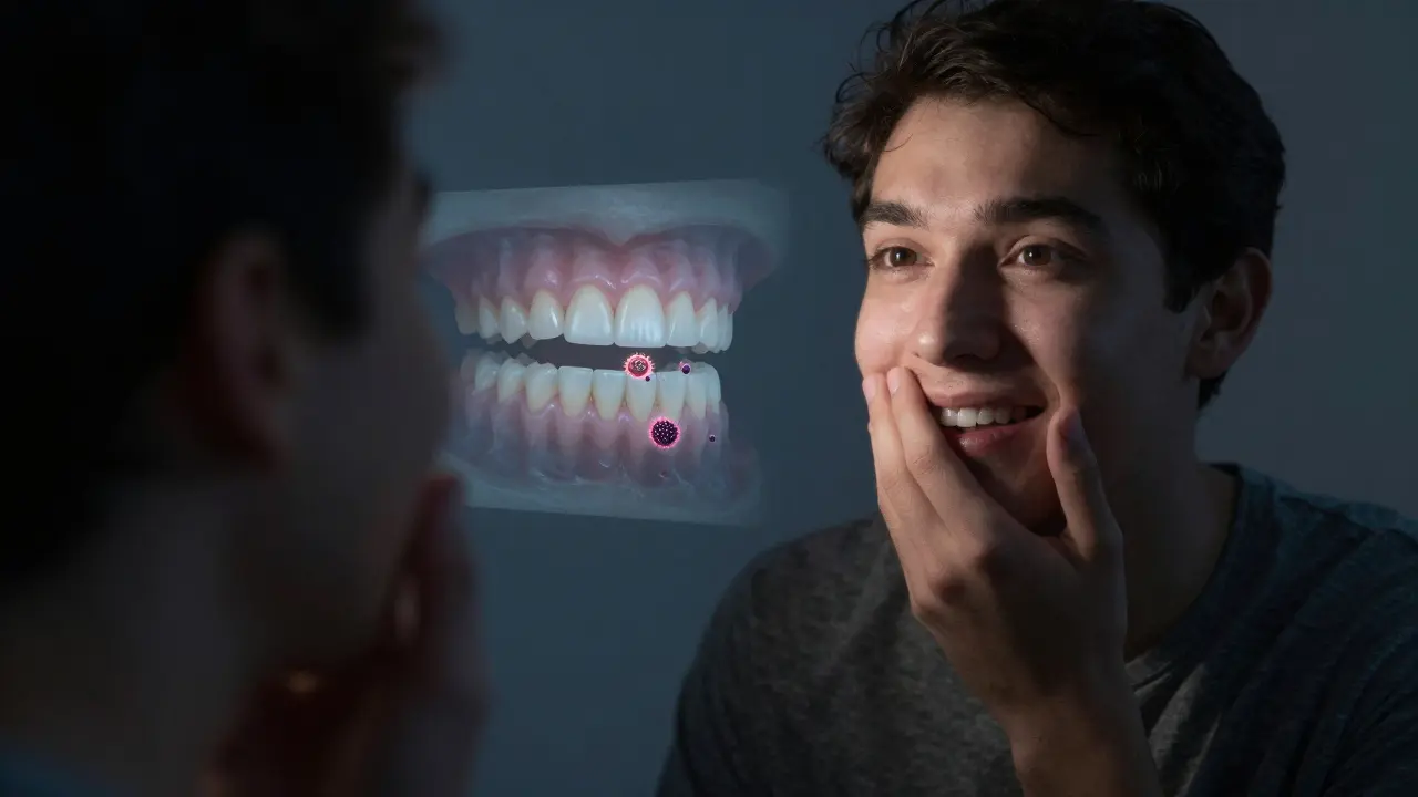 Osoba se zadrženým úsměvem v zrcadle, s přehledem skrytých zubních problémů.