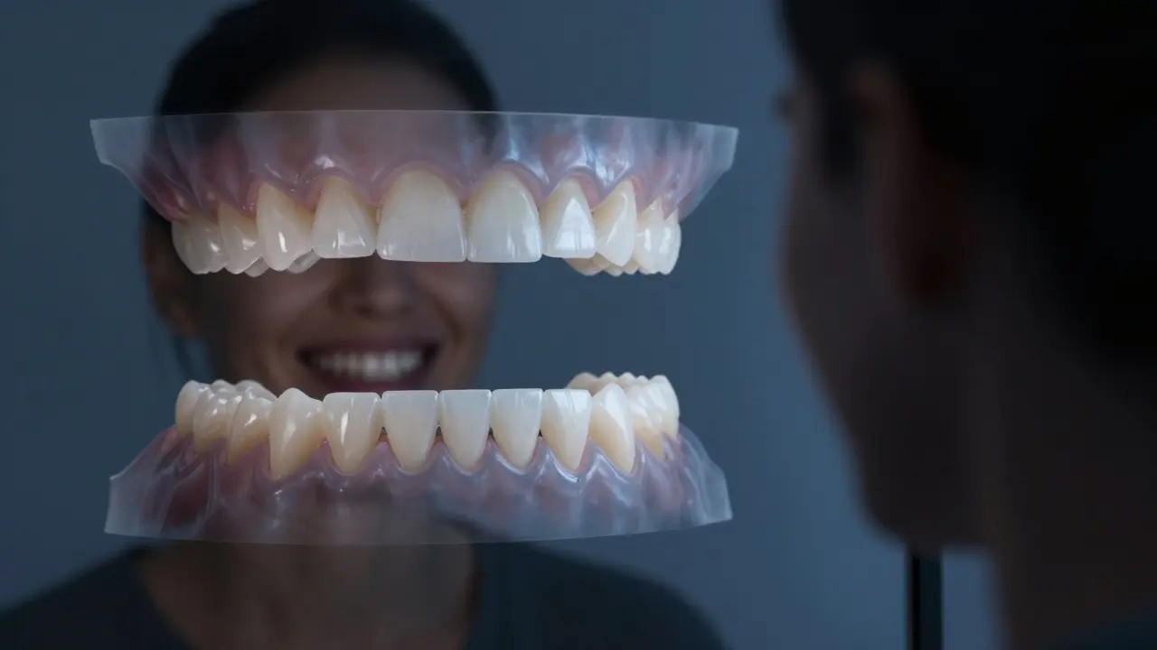 Person smiling in mirror with translucent overlay showing transformation from damaged to restored teeth.