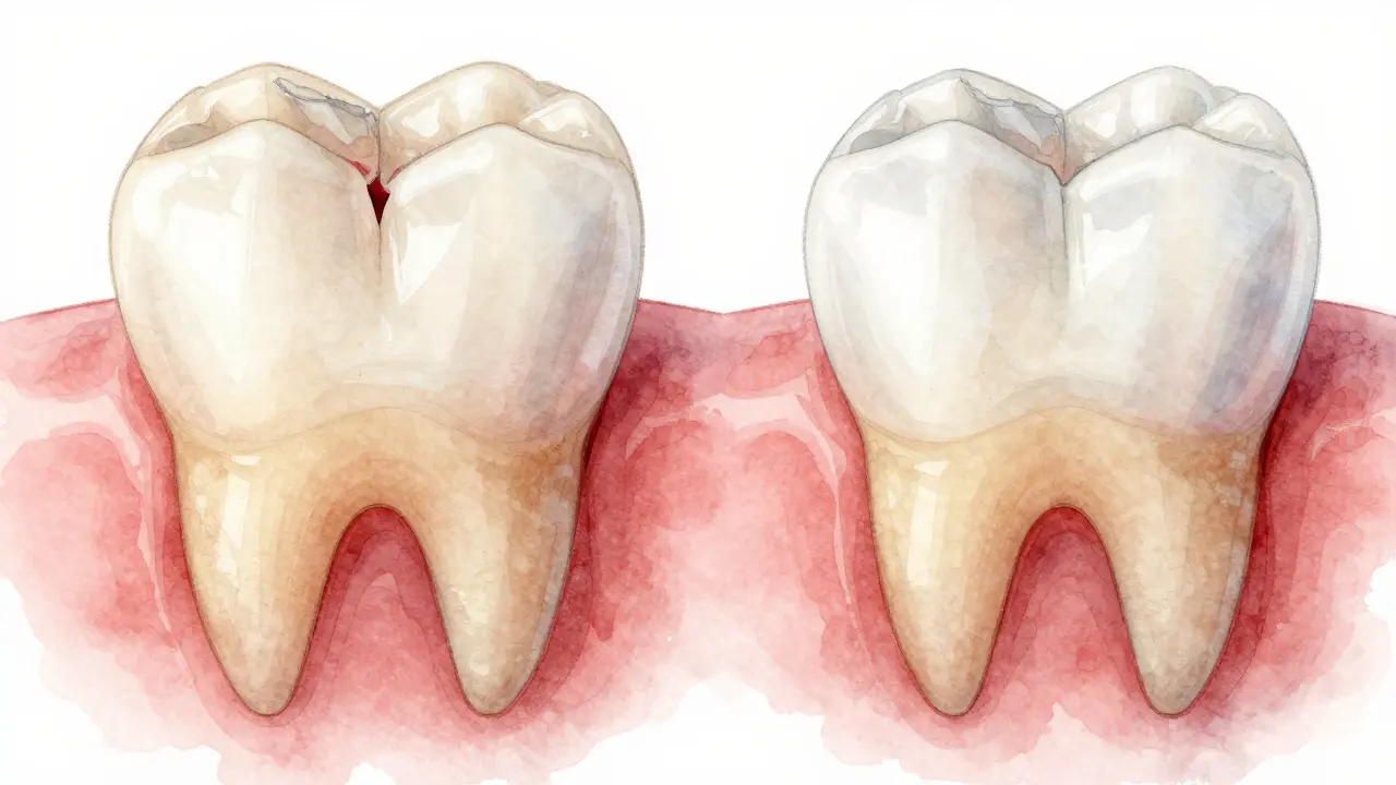 Porovnání poškozeného zubu a zubu s mustkem v jemném vodové barvě.