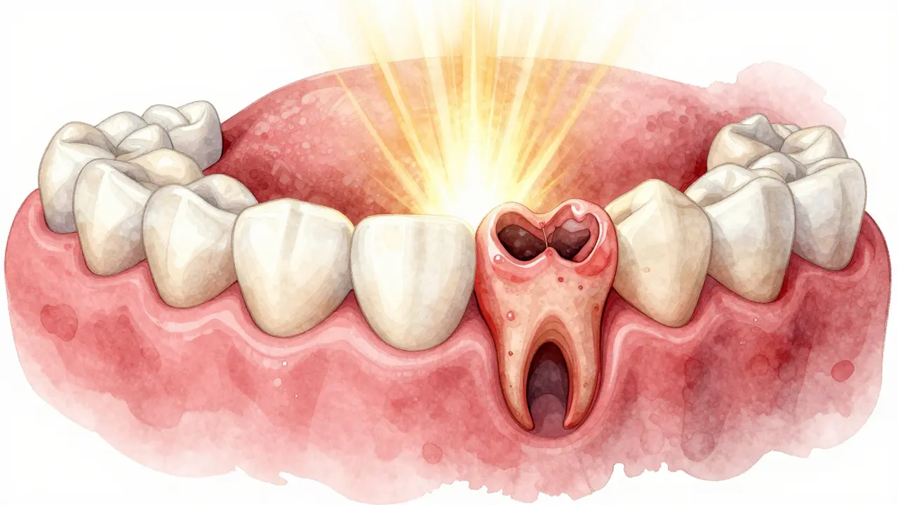Porovnání zdravých a zánětlivých dásní s viditelným zubním kamenem.