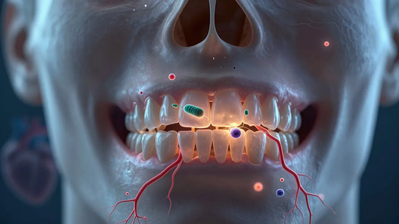 Přehled kosti a dásní s bakteriemi šířícími se do krevního oběhu.