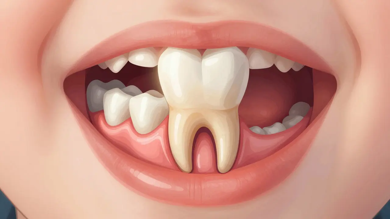 Přehled vnitřní stavby dítěte s rozpadajícím se mléčným zubem a rostoucím trvalým zubem.