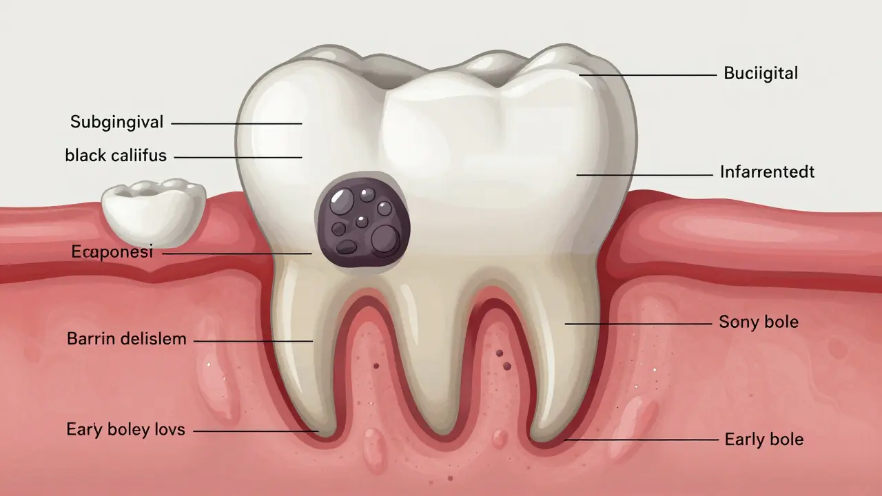 Příčný řez zubem s kamenem pod dásněmi a ztrátou kosti