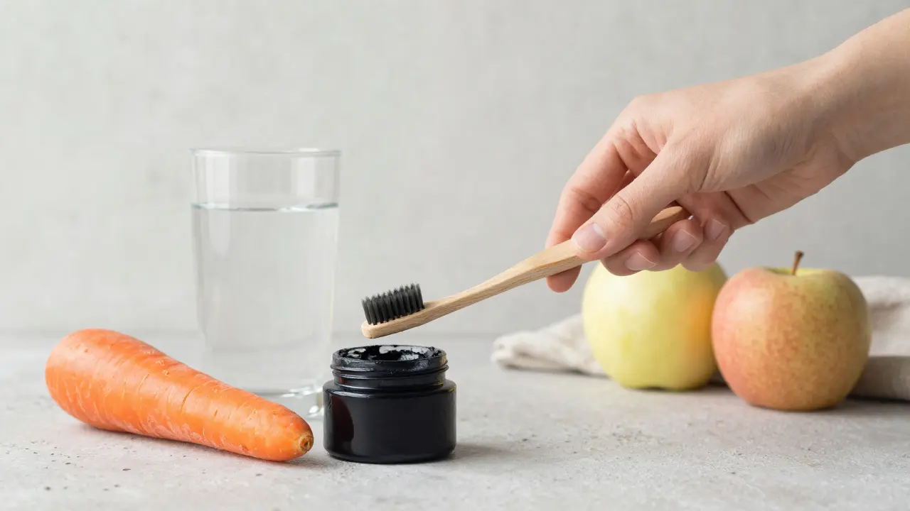 Přírodní produkty pro bílé zuby: past s uhlím, voda, mrkev a jablko na klidném pozadí.