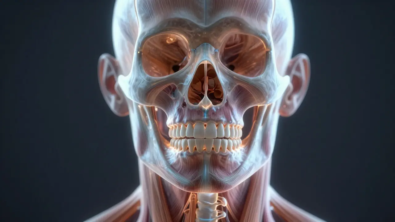 Průhledná lebka s napětými svaly čelisti a šířícími se bolestivými čarami.