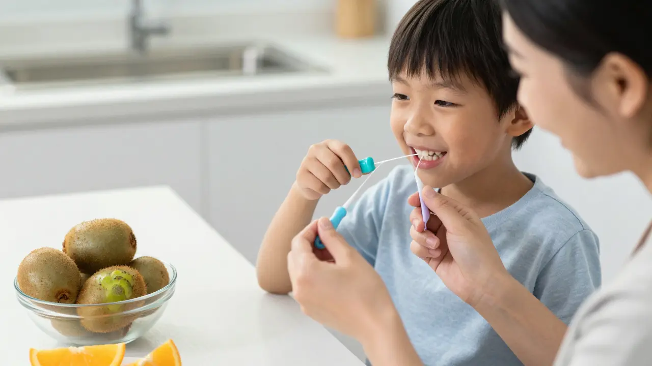 Rodič pomáhá dítěti používat zubní nit s rukojetí, zatímco na stole leží čerstvé ovoce.