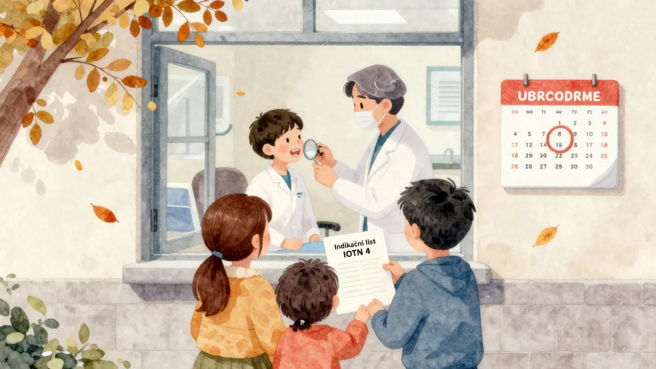 Rodina s indikačním listem u kliniky, kalendář ukazuje věk 17 let.