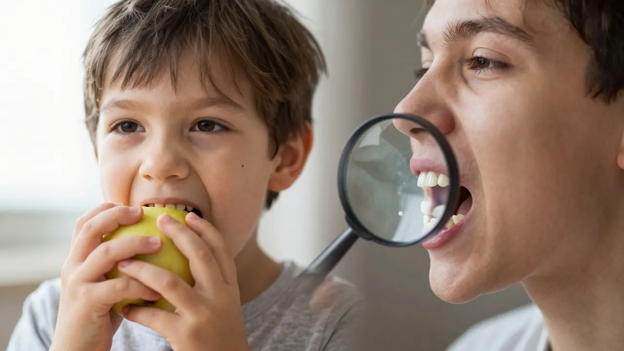 Rozdělený obraz dítěte žvýkajícího jablko: jedna strana ukazuje zdravý vývoj čelisti, druhá strana křivé a přetlakované zuby.