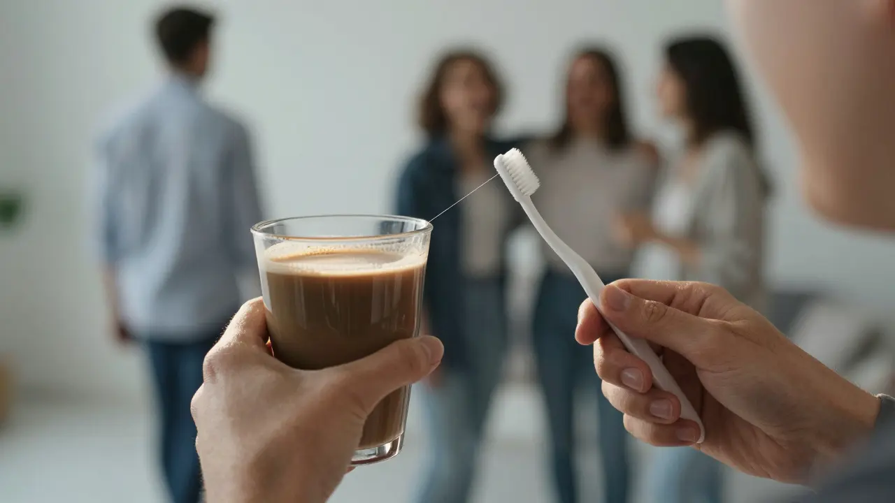 Ruce drží kávu a kartáček, černý kámen se táhne od šálku ke kartáčku, symbolizující souvislost návyků a zubního kamene.